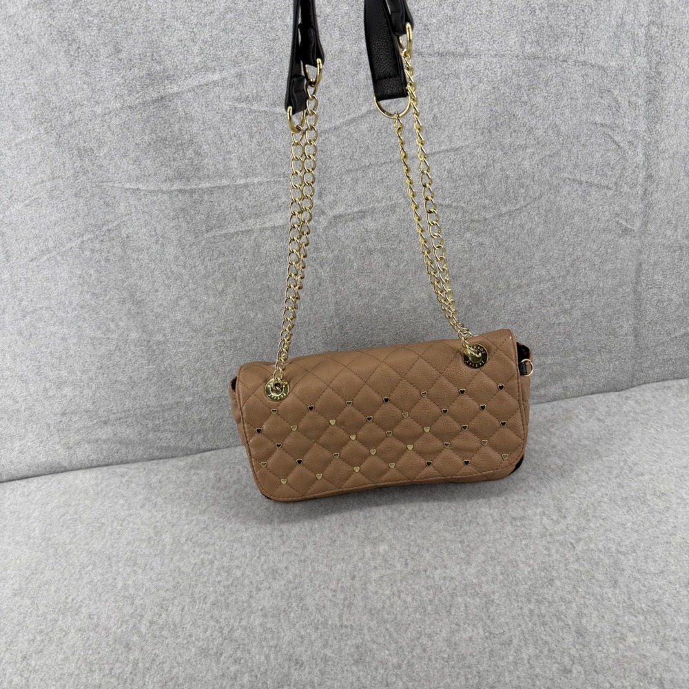 Betsey Johnson Tan Quilted Heart Studded Shoulder Bag Gold Chain Adjust Strap - Picture 2 of 16